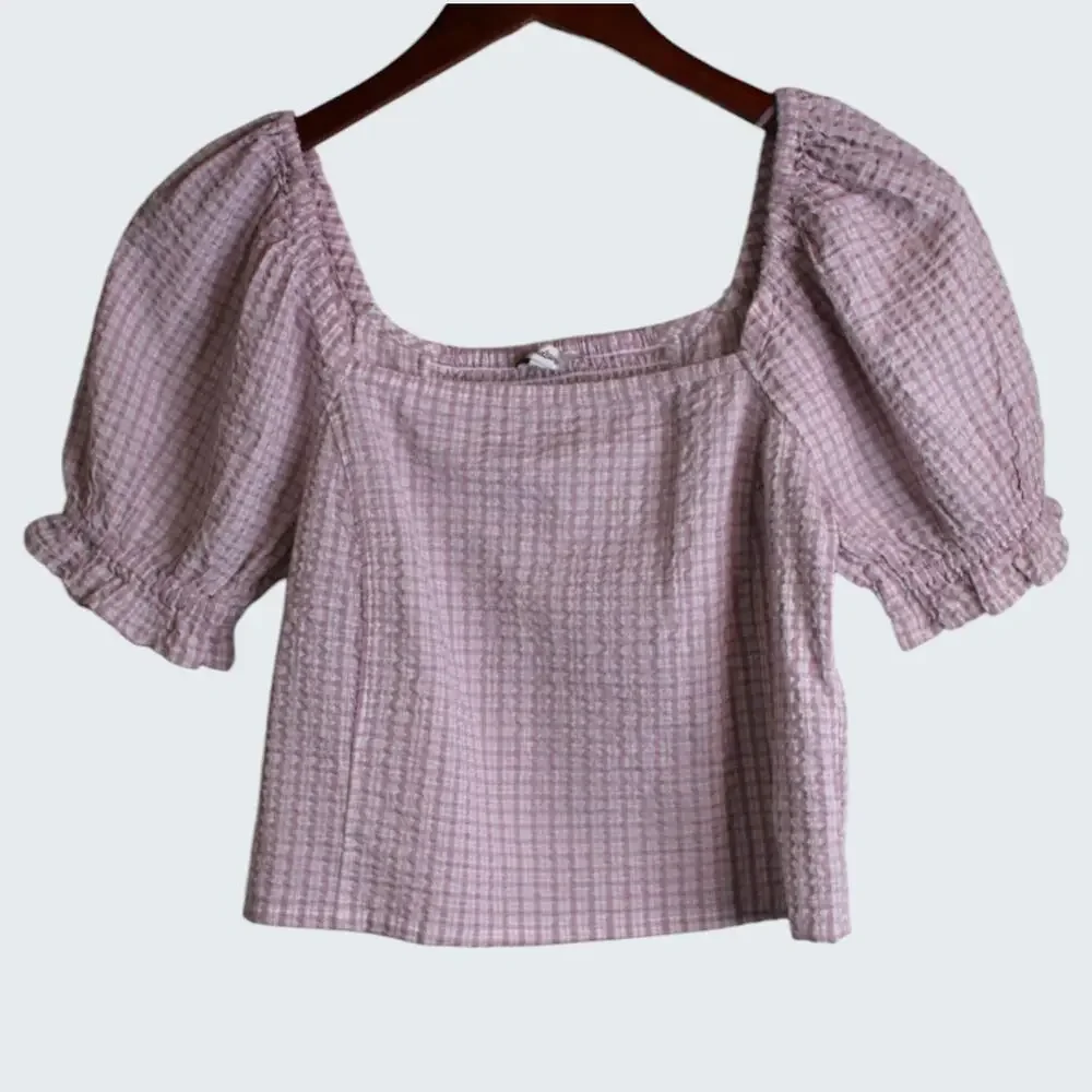 MADEWELL Seersucker Hopewell Puff-Sleeve Crop Top Womens Plaid Mauve Blouse XS